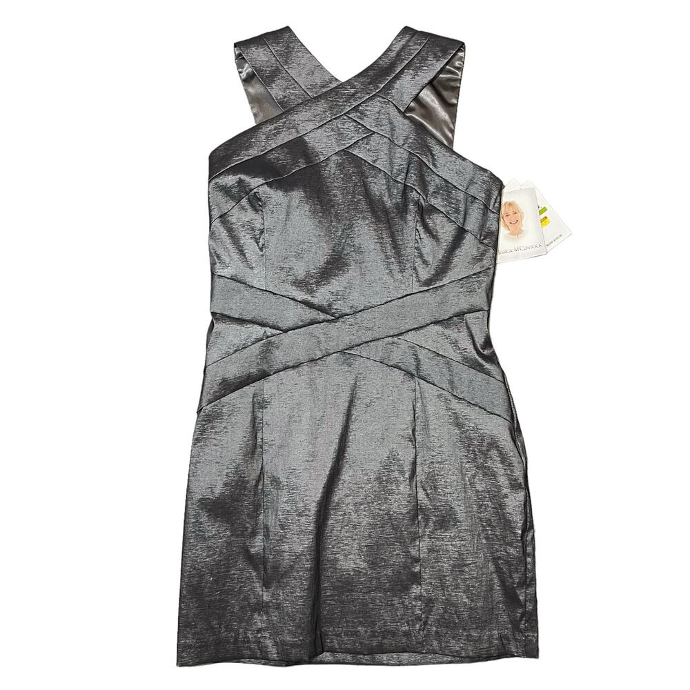 NEW Jessica McClintock Mini Cocktail Dress Deadstock Silver Metallic Gray 14